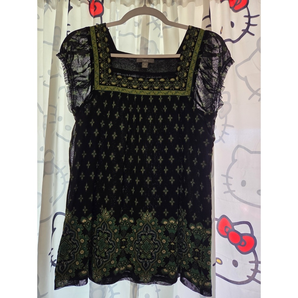 Apt 9 Top Womens Petite M Green Paisley Square Neck Short Cap Sleeve Mesh Y2K